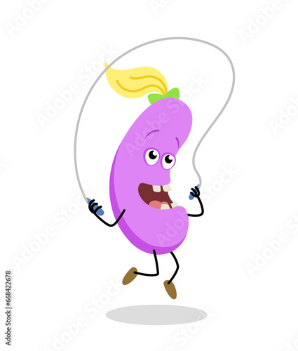 Cute monster character concept. Abstract spotted demon. Fictional character with jumping rope. Graphic element for website. Cartoon flat vector illustration isolated on white background