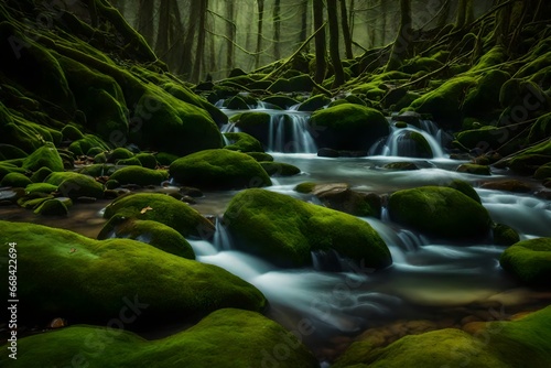 A tranquil forest stream  its clear waters winding through moss-covered stones
