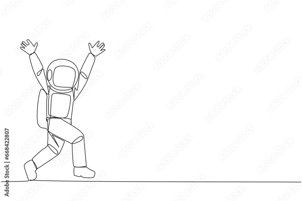 Single one line drawing young astronaut running to celebrate the success of business. Like a football player who scores goal, he doing celebrates. Success. Continuous line design graphic illustration