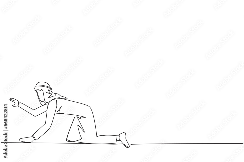 Single one line drawing crawl Arabian businessman. Trying to get up after being attacked by a pandemic. Starting from crawling, walking, then running fast. Continuous line design graphic illustration