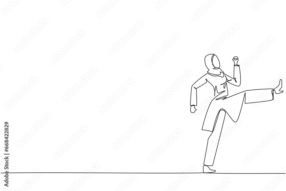 Single one line drawing Arabian businesswoman doing kicking motion. Stretch before office hours start. A healthy way to stay focused on doing business. Continuous line design graphic illustration