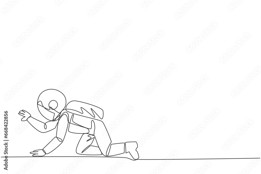 Single continuous line drawing young tired astronaut. Trying to get up after being attacked by a pandemic. Starting from crawling, walking, then running fast. One line design vector illustration