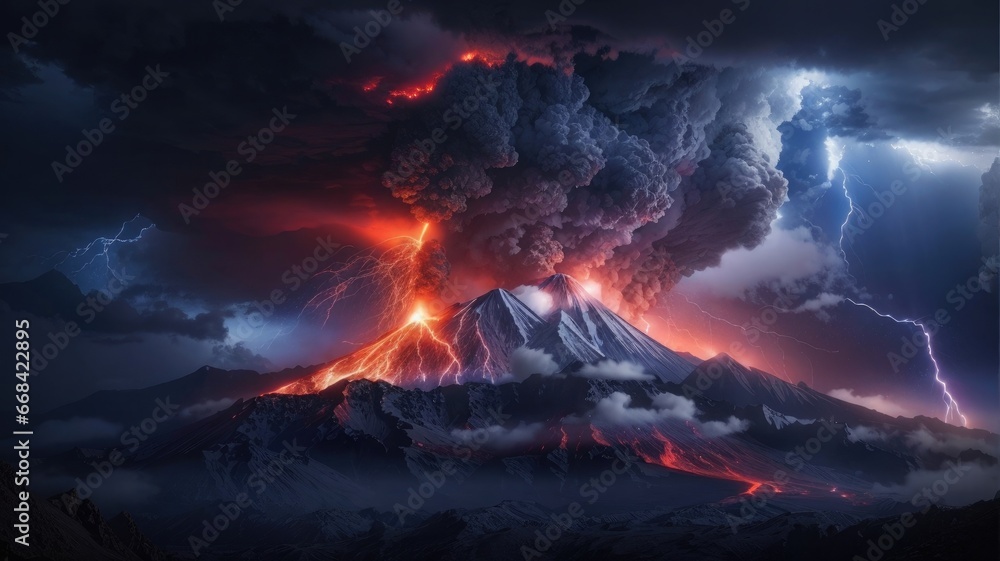 volcano eruption clouds lightning over mountains  photo