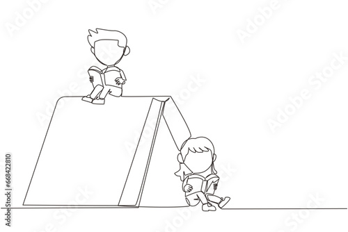 Continuous one line drawing a tent made of books. The kids reading the adventure fiction books in the wild. Addicted to reading. Book festival concept. Single line draw design vector illustration