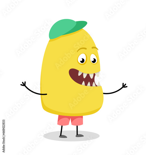 Cute monster character concept. Abstract spotted demon. Adorable fictional character at summer clothes. Graphic element for website. Cartoon flat vector illustration isolated on white background