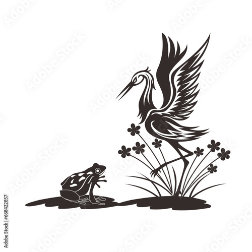 silhouette of stork and frog in lake on white background vector