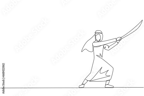 Single continuous line drawing Arab businessman holding samurai. Stylized like samurai athlete guarding the business. Prepared to eliminate disrupt business growth. One line design vector illustration
