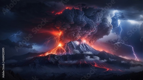 volcano eruption clouds lightning over mountains photo