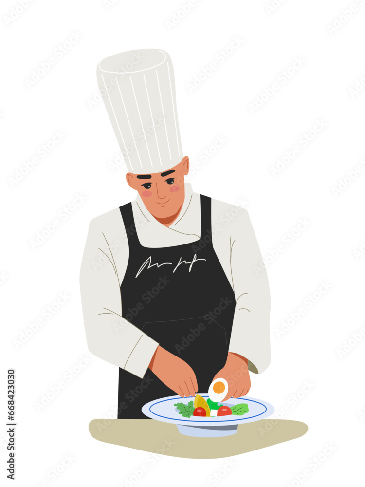 Chief cook with food concept. Man in apron and white hat preparing dish. Cafe or restaurant staff. Poster or banner. Cartoon flat vector illustration isolated on white background