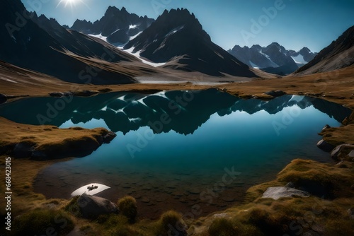 A tranquil alpine tarn, its waters mirroring the surrounding peaks.