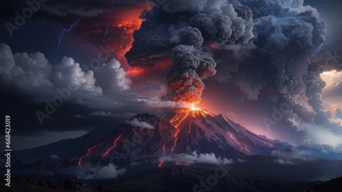 volcano eruption clouds lightning over mountains photo