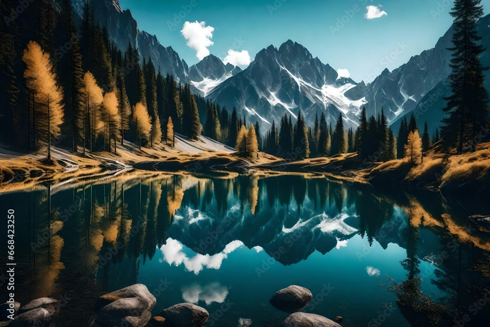 A serene alpine lake reflecting towering mountain peaks.