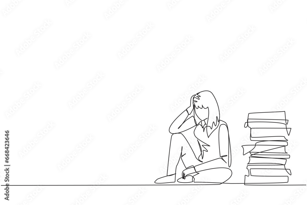 Single continuous line drawing businesswoman sitting near piles of work files. Too much work is stressful. Putting off work makes work neglected. Tired, unhappy. One line design vector illustration