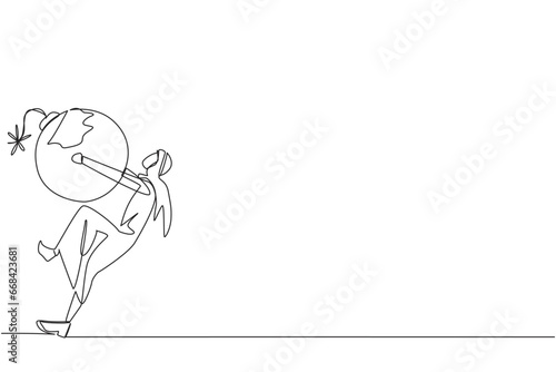 Single one line drawing Arabian businessman carrying bomb with a burning fuse. The concept of keeping danger away from the business environment to survive. Continuous line design graphic illustration