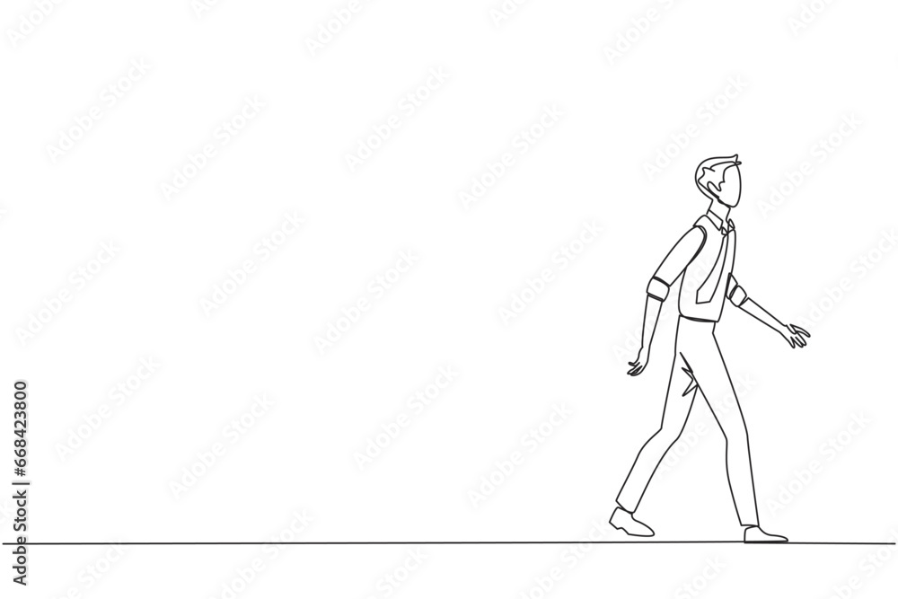 Single continuous line drawing young businessman walking to canteen to break and lunch. Taking time for a while to hone ideas back into brilliant ideas. Success. One line design vector illustration