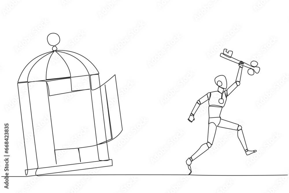 Single continuous line drawing smart robot running out of the cage holding the key. Concept of freedom from something that binds. Freedom to advance business. One line design vector illustration