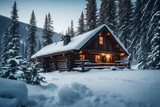 A remote alpine cabin nestled in a snowy wonderland.