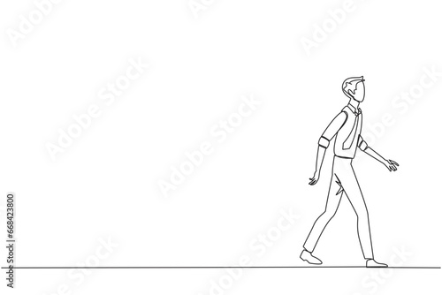 Single continuous line drawing young businessman walking to canteen to break and lunch. Taking time for a while to hone ideas back into brilliant ideas. Success. One line design vector illustration