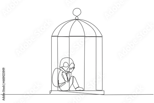 Single continuous line drawing young astronaut trapped in the cage sitting covering face. Feel utterly defeated. Trapped in a dirty business. Mentally tired. Lost. One line design vector illustration