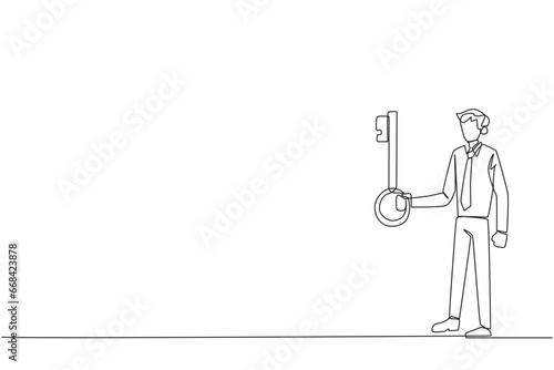 Single one line drawing businessman holding key. Important key to increasing profits has been secured. Ready to become important inheritance for relatives. Continuous line design graphic illustration