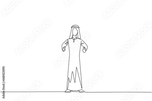 Continuous one line drawing Arabian businessman standing straight. Survive inflation and pandemics. Looking to the future of business is full of hopes of success. Single line draw vector illustration