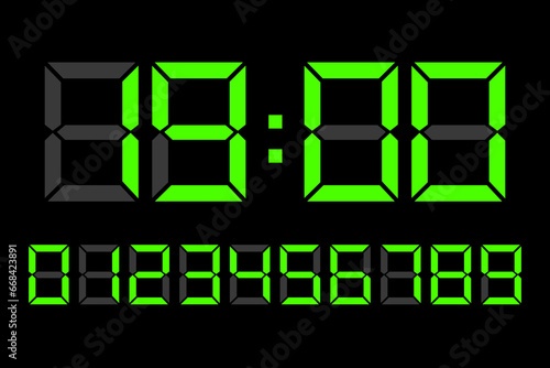 Light green Digital LED numbers. Digital clock number set. Electronic figures. Vector illustration. EPS 10.