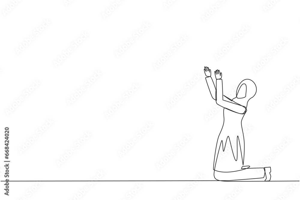 Fototapeta premium Single one line drawing Arabian businesswoman kneeling raising hands to pray. Praying to make it easier to do business. Businesswoman lost hope. Surrender. Continuous line design graphic illustration