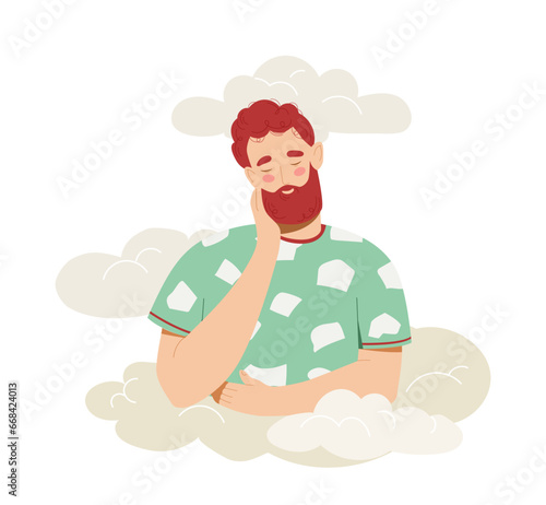 Man in clouds concept. Young guy dream at sky. CAlmness and imagination. Rest and relaxation, wellbeing. Graphic element for website. Cartoon flat vector illustration isolated on white background