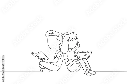 Continuous one line drawing kids sitting reading book. The new hobby of reading books helps to relax. One book one day. Good habits. Book festival concept. Single line draw design vector illustration