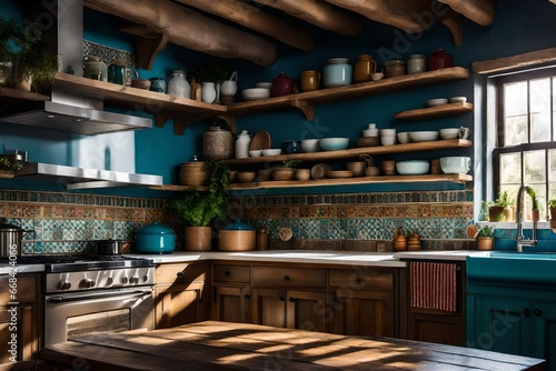 a Classic Bohemian kitchen with open shelves, colorful ceramics, and a mosaic-tiled backsplash.