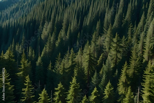 A dense alpine forest with towering spruce and fir trees.