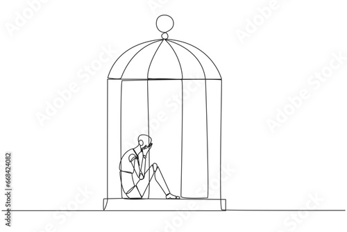 Single continuous line drawing smart robotic trapped in the cage sitting covering face. Feel utterly defeated. Trapped in a dirty business. Mentally tired. Lost. One line design vector illustration