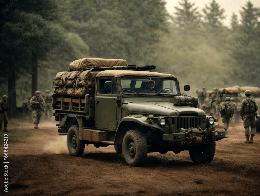 front view of retro military army truck on the road front view of retro military army truck on the road