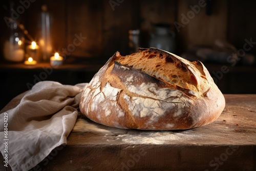 Freshly baked sourdough bread resting on a wooden board.