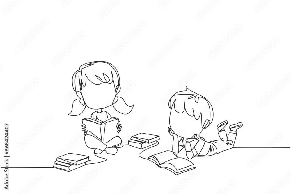 Continuous one line drawing kids who really likes reading. Everyday one book is read. Good habit. There is no day without reading book. Book festival concept. Single line design vector illustration Continuous one line drawing kids who really likes reading. Everyday one book is read. Good habit. There is no day without reading book. Book festival concept. Single line design vector illustration