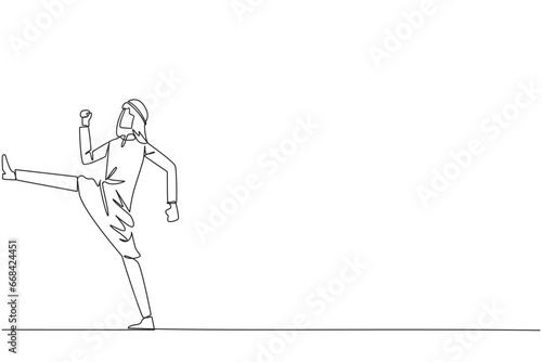 Continuous one line drawing Arabian businessman doing kicking motion. Stretch before office hours start. A healthy way to stay focused on doing business. Single line draw design vector illustration