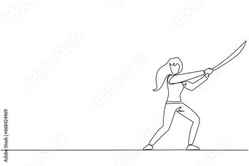 Single continuous line drawing businesswoman holding samurai. Stylized like samurai athlete guarding the business. Prepared to eliminate disrupt business growth. One line design vector illustration