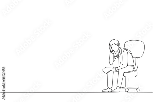 Single one line drawing sad businessman sat limply in a chair. Pensively holding a piece of bill paper. The large of receivables, business will collapse. Continuous line design graphic illustration