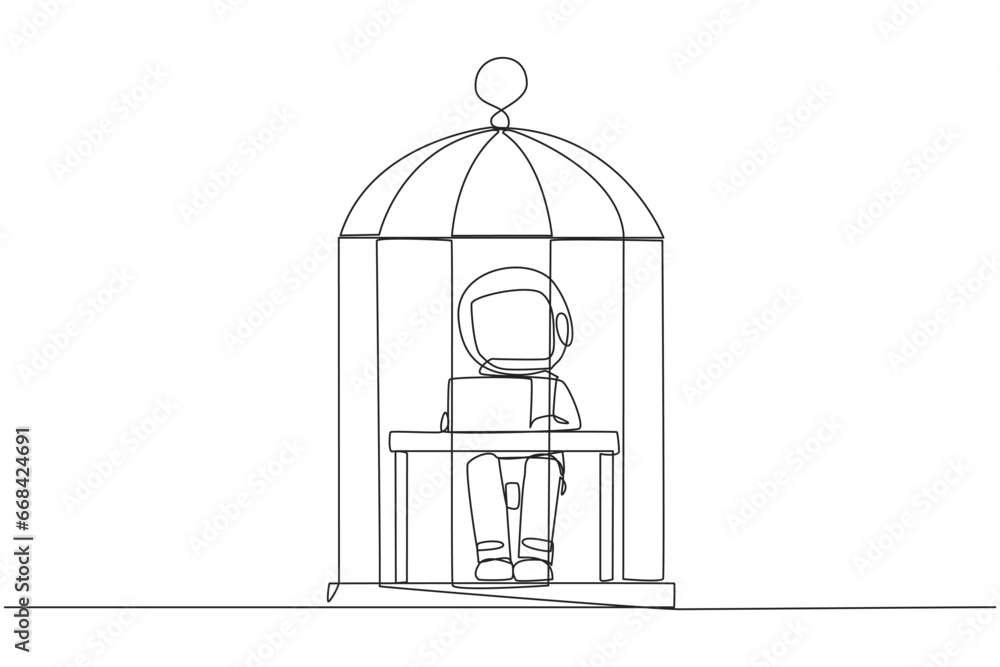 Single one line drawing astronaut trapped in the cage sitting and typing on laptop computer. Tiring routine. Unhappy astronaut with the many deadline. Continuous line design graphic illustration
