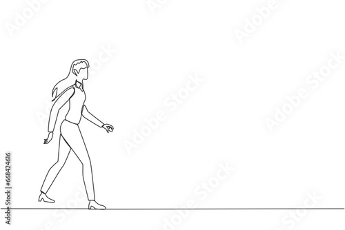 Single continuous line drawing young businesswoman walking to canteen to break and lunch. Taking time for a while to hone ideas back into brilliant ideas. Success. One line design vector illustration