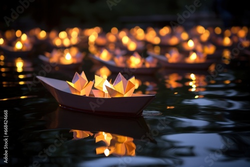 Gentle glow from paper boats floating on a serene pond during a festivity.