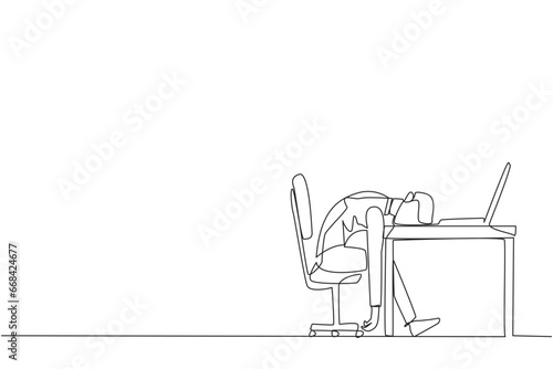 Continuous one line drawing businessman fell asleep in front of a laptop computer. Fatigue running a business. Mental health problem. Exhausted, bored. Single line draw design vector illustration