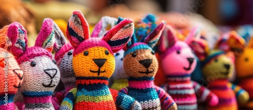 Colorful knitted toys for sale at souvenir shop Close up © 2rogan