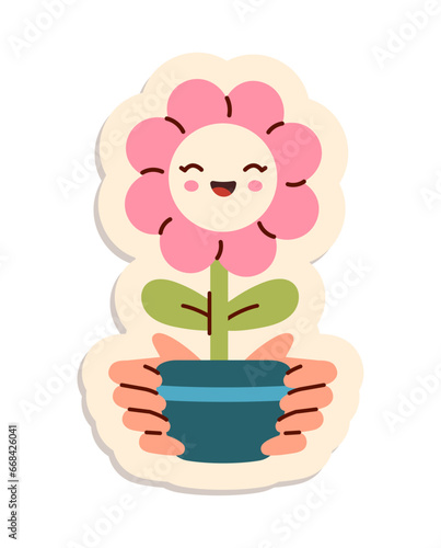 Eco sticker concept. Hands with plant in flowerpot. Care about nature and ecosystem. Floristry and botany. Poster or banner. Cartoon flat vector illustration isolated on white background