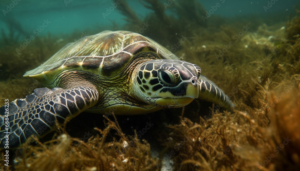 Fototapeta premium A green sea turtle swimming in the beautiful underwater reef generated by AI