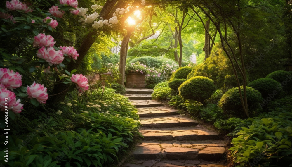 A beautiful tree in a green meadow blossoms with pink flowers generated by AI A beautiful tree in a green meadow blossoms with pink flowers generated by AI