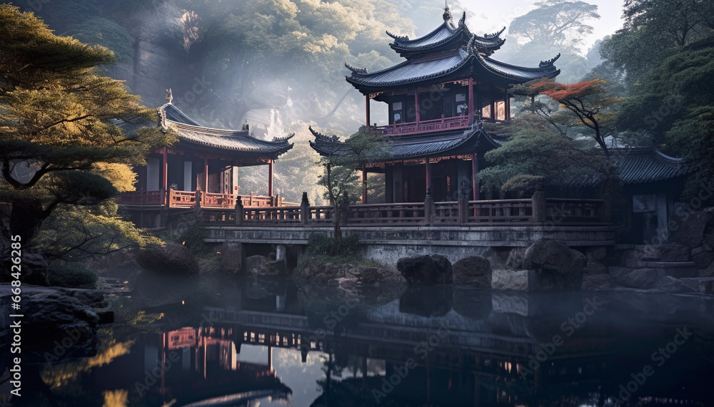 Fototapeta premium Ancient pagoda reflects on tranquil pond, showcasing Chinese culture generated by AI