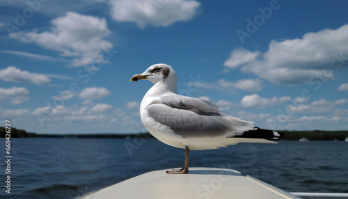 Seagull flying over blue water, freedom in nature beauty generated by AI