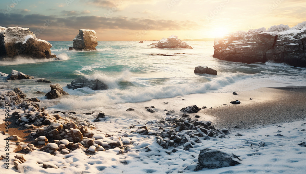 Sunset over the tranquil coastline, waves crash on rocky cliffs generated by AI Sunset over the tranquil coastline, waves crash on rocky cliffs generated by AI