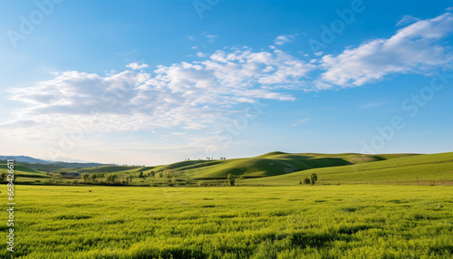 Idyllic rural meadow  green grass  blue sky  tranquil farmhouse generated by AI
